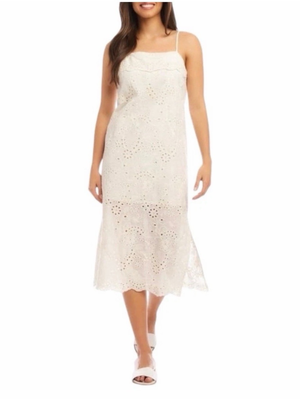 Karen Kane Cotton Eyelet Midi Dress Adjustable Straps Scalloped Hem Ivory M NWT - Picture 7 of 13